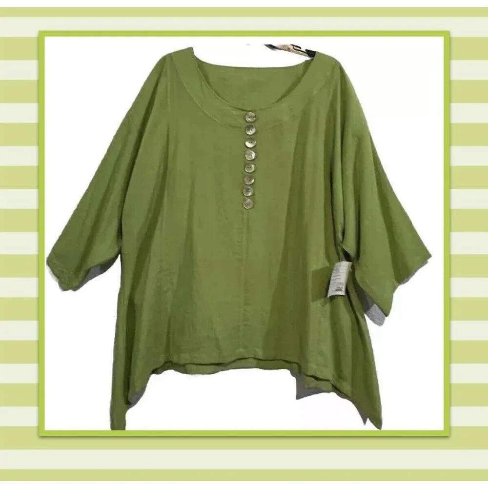 New Fridaze Top Womens‎ XL Kiwi Green Linen Buttons 3/4 Sleeve Blouse